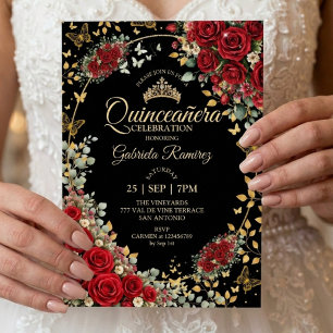 Black and Red Quinceañera Golden Butterflies Roses Invitation