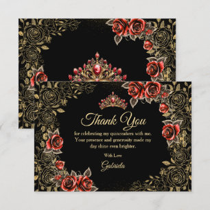 Black and Red Quinceañera Golden Tiara Roses Thank You Card