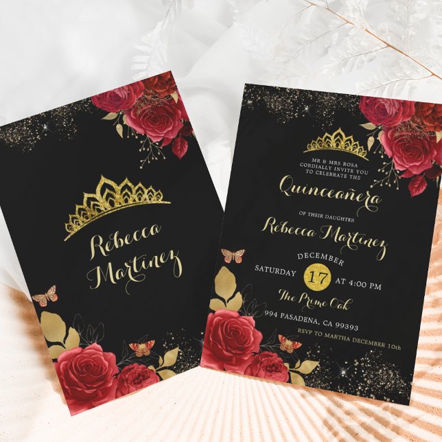Black and Red Roses Floral Girl Mis XV Años Invitation (Creator Uploaded)