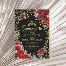 Black and Red Roses Golden Butterflies Quinceañera
