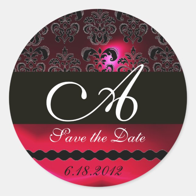 BLACK AND RED RUBY DAMASK MONOGRAM,burgundy Classic Round Sticker (Front)