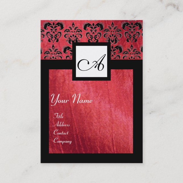 BLACK AND RED SILK DAMASK SQUARE MONOGRAM BUSINESS CARD (Front)