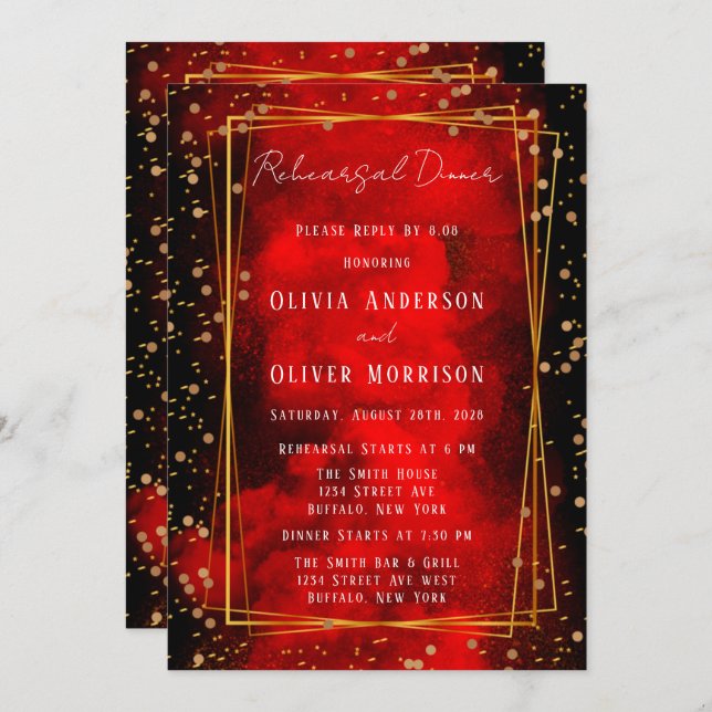 Black and Red Smokey Geometric Rehearsal Dinner Invitation (Front/Back)