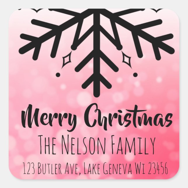 Black and Red Snowflake Personalised Christmas Square Sticker (Front)