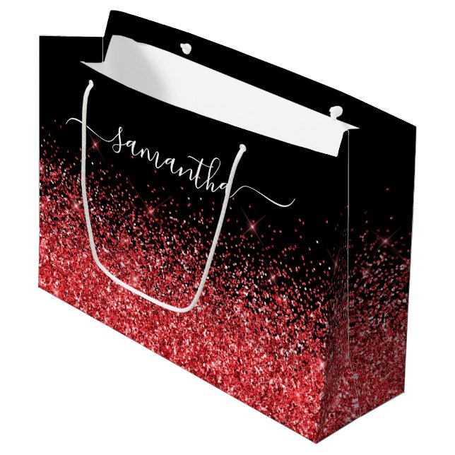 Black and Red Sparkly Glitter Elegant Name Large Gift Bag (Front Angled)