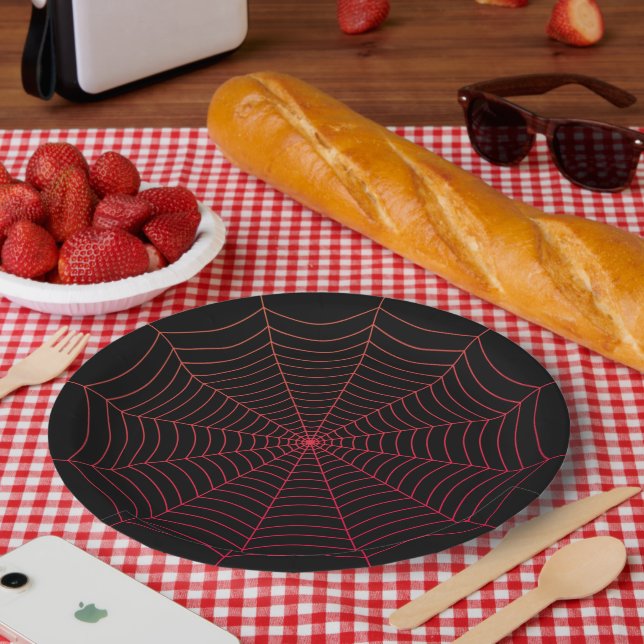 Black and red spider web Halloween pattern Paper Plate (Picnic)