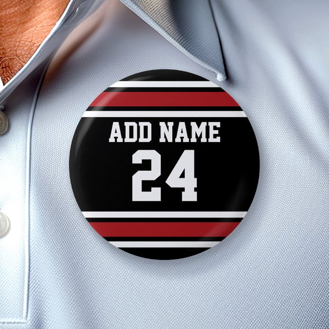 Black and Red Sports Jersey Custom Name Number 6 Cm Round Badge (Custom Button - Sports Theme)
