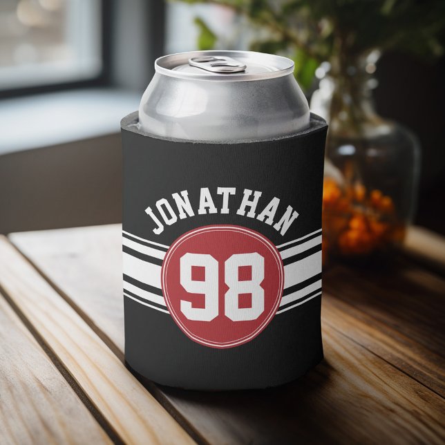 Black and Red Sports Jersey Custom Name Number Can Cooler (Personalized Can Cooler - add a name and custom text to this sports jersey design)