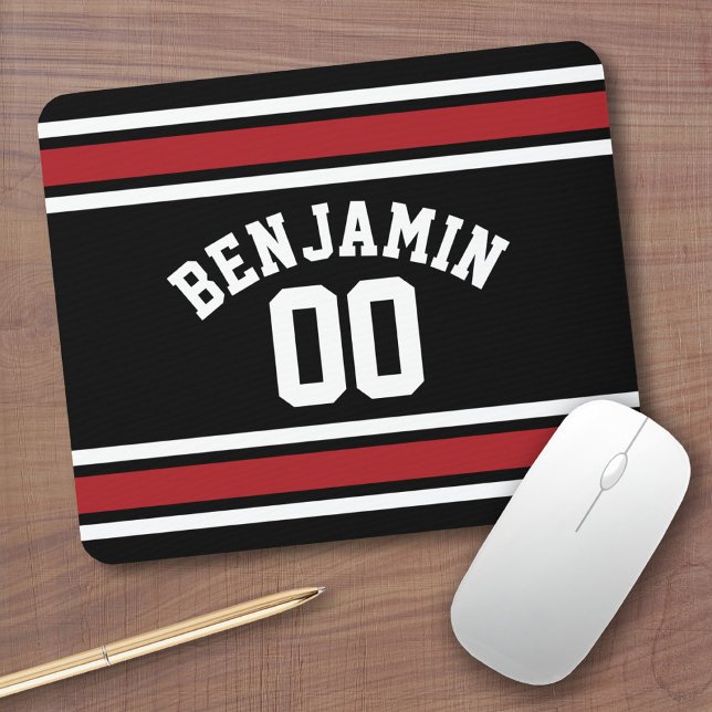 Black and Red Sports Jersey Custom Name Number Mouse Pad (Personalized Mousepad - Sports Jersey Theme with custom name)