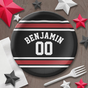 Black and Red Sports Jersey Custom Name Number Paper Plate
