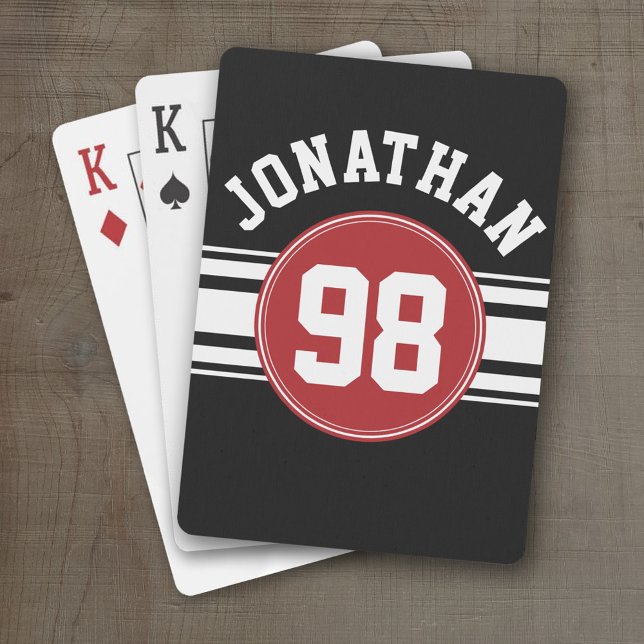 Black and Red Sports Jersey Custom Name Number Playing Cards (Personalized Playing Cards - Sports Jersey Design)