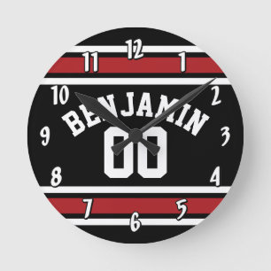 Black and Red Sports Jersey Custom Name Number Round Clock