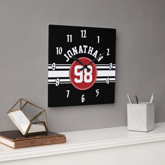 Black and Red Sports Jersey Custom Name Number Square Wall Clock (Office)