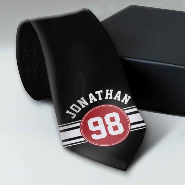 Black and Red Sports Jersey Custom Name Number Tie (Custom Sporty Tie)
