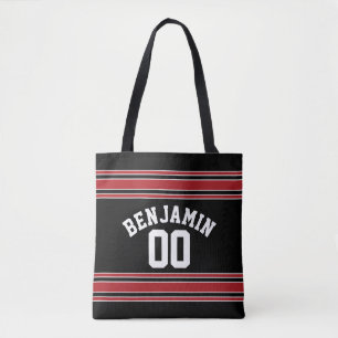 Black and Red Sports Jersey Custom Name Number Tote Bag