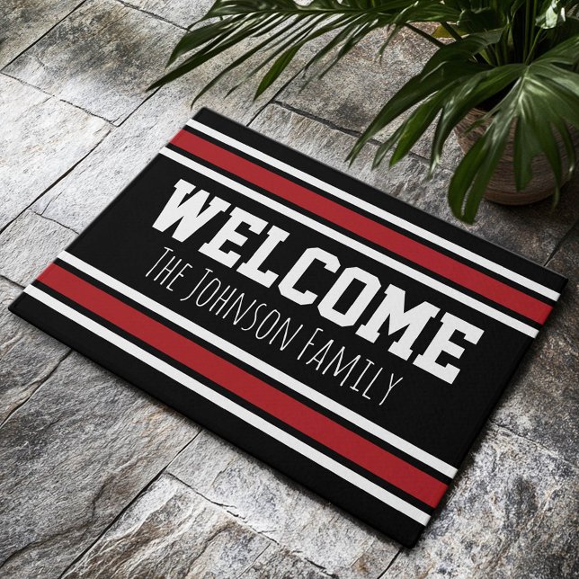 Black and Red Sports Jersey with Name - Welcome Doormat (Custom Welcome Doormat)