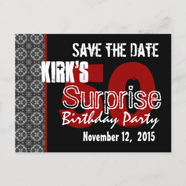 Black and Red Surprise 50th Birthday Save the Date Announcement Postcard (Front)