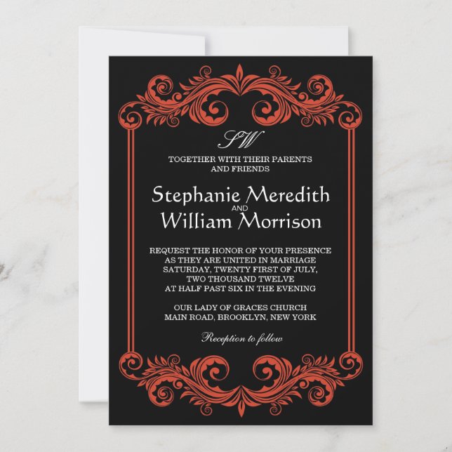 Black and Red Swirl Wedding Invitation (Front)