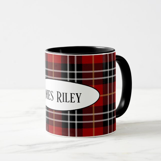 black and red tartan plaid with name mug (Front Right)
