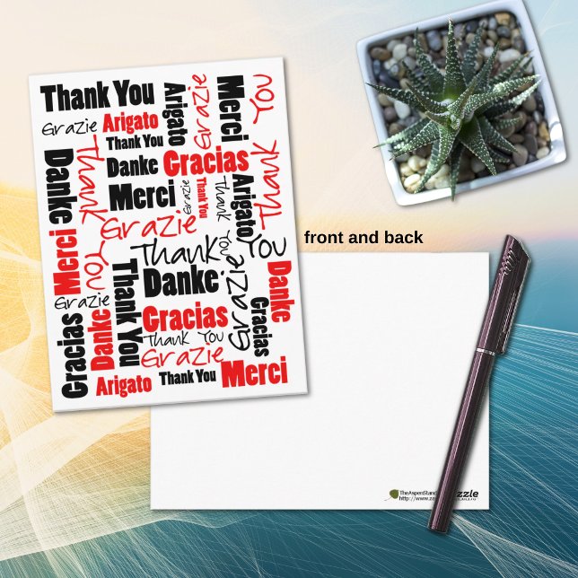 Black and Red Thank You Word Cloud Postcard (Front and back red and black multilingual thank you typography post card.)