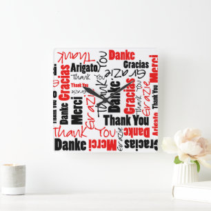 Black and Red Thank You Word Cloud Square Wall Clock