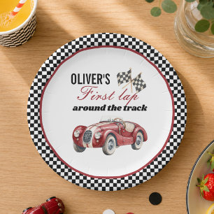 Black and Red Vintage Sports Car Race Party Paper Plate