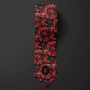 Black and Red Watercolor Floral Monogram Tie
