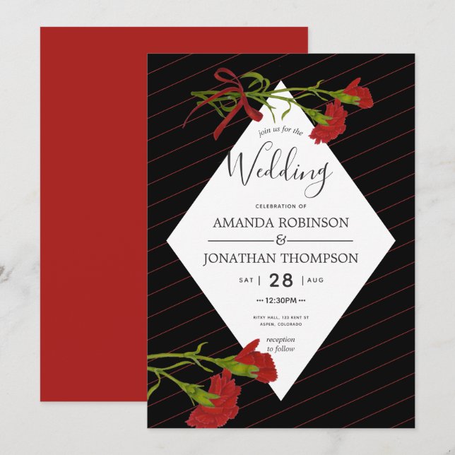 Black and red Wedding Carnations theme invitation (Front/Back)