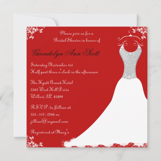 Black and Red Wedding Gown Bridal Shower Invitation (Front)