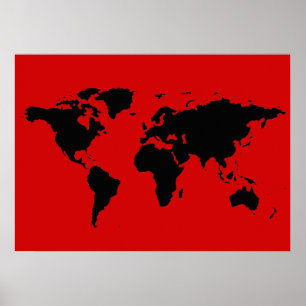 black and red world map poster