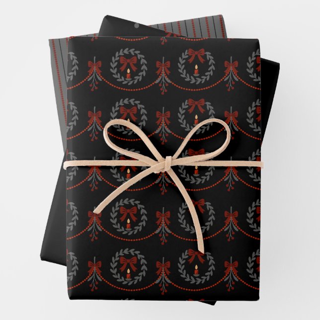 Black and Red Wreath Victorian Gothic Gift Wrap (In situ)