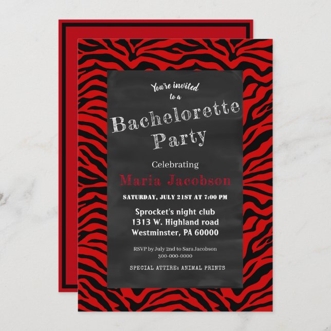 Black and red zebra striped chalkboard invitation (Front/Back)