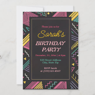 Black and Retro Colourful Birthday Party  Invitation