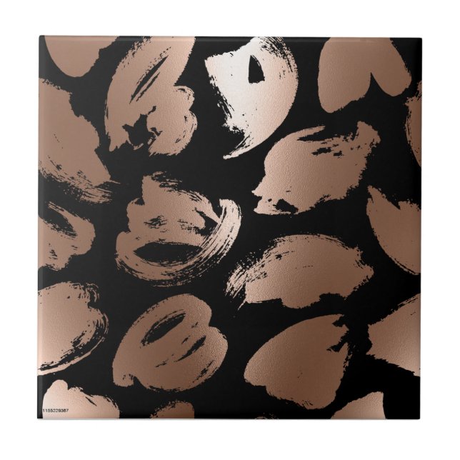 Black and Rose Gold Abstract Brush Ceramic Tile (Front)
