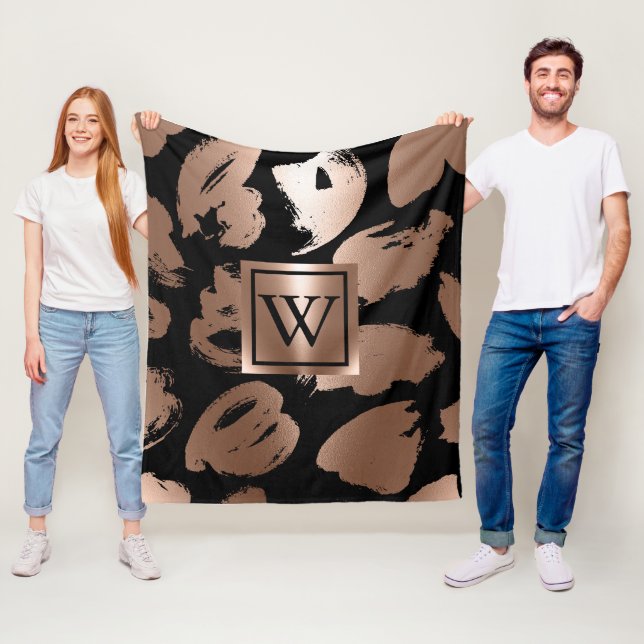 Black and Rose Gold Abstract Brush Fleece Blanket (In Situ)