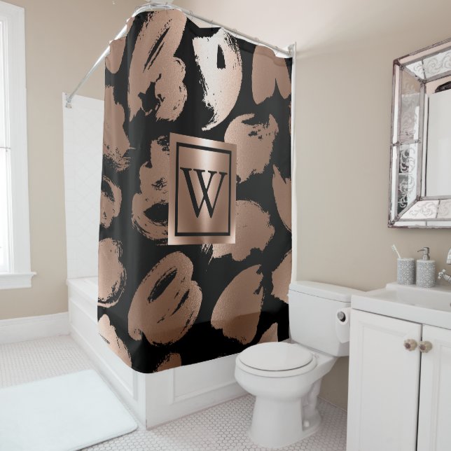Black and Rose Gold Abstract Brush Shower Curtain (In Situ)