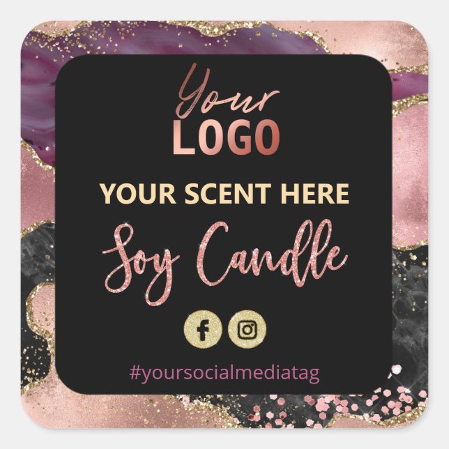 Black And Rose Gold Agate Soy Candle Labels (Front)