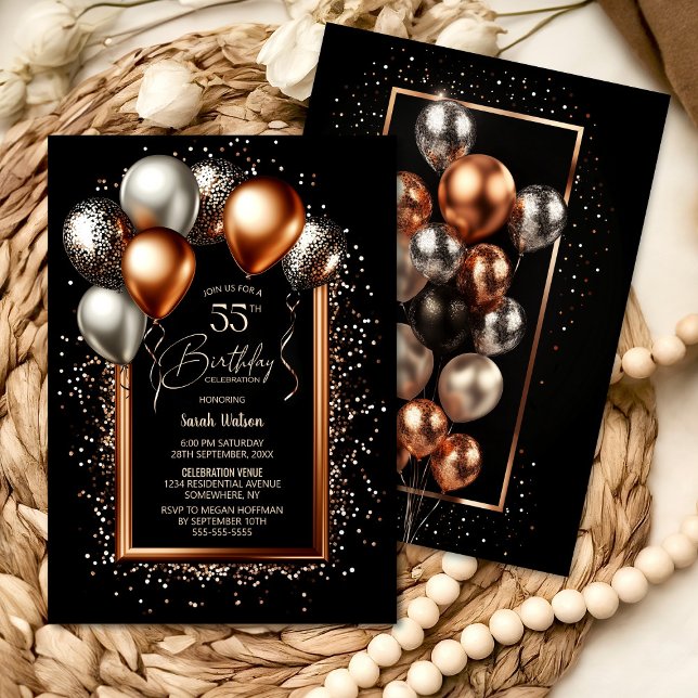 Black and Rose Gold Balloons 55th Birthday Party Invitation (Creator Uploaded)