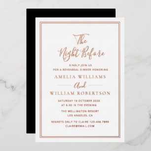 black and rose gold calligraphy rehearsal dinner