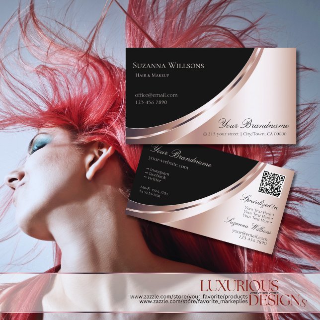 Black and Rose Gold Decor with QR-Code Luxurious Business Card (Creator Uploaded)