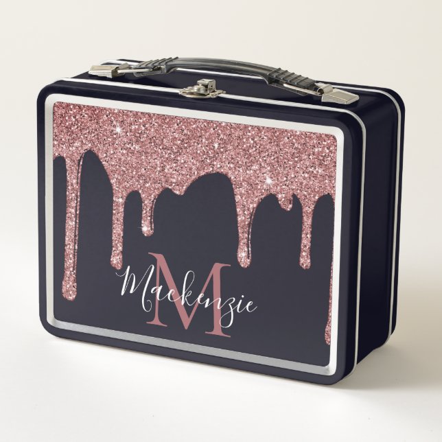 Black and Rose Gold Dripping Glitter Monogram Metal Lunch Box (Front)