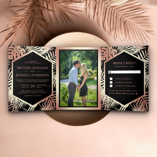 Black and Rose Gold Foil Tropical Palm Wedding Tri-Fold Invitation