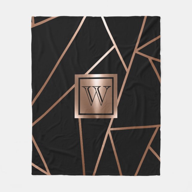 Black and Rose Gold Geometric Fleece Blanket (Front)