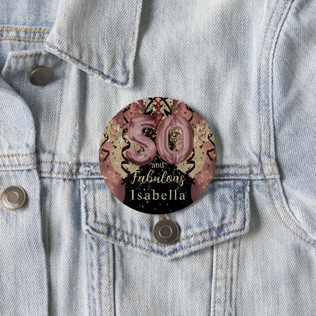 Black and Rose Gold Glitter 50th Birthday 7.5 Cm Round Badge (In Situ)