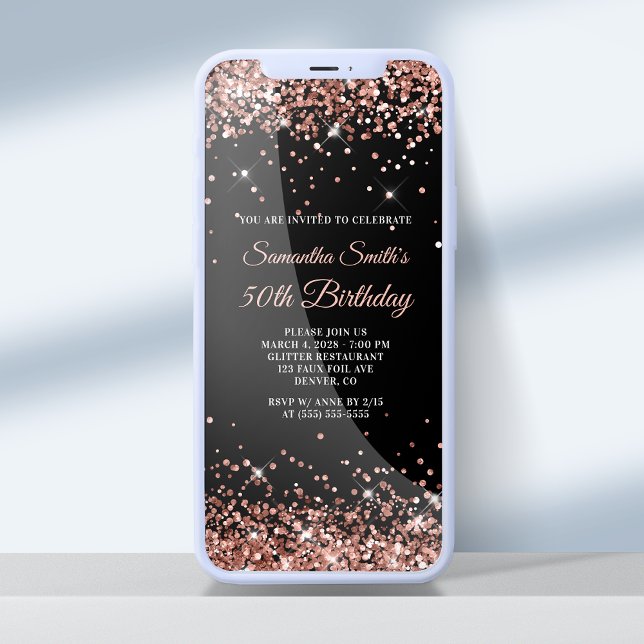 Black and Rose Gold Glitter 50th Birthday Invitation (Creator Uploaded)