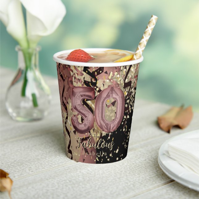 Black and Rose Gold Glitter 50th Birthday Paper Cups (Insitu)