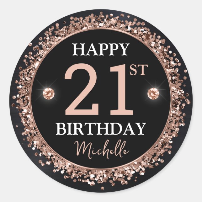 Black and Rose Gold Glitter Confetti Birthday Classic Round Sticker (Front)