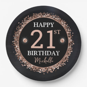 Black and Rose Gold Glitter Confetti Birthday Paper Plate