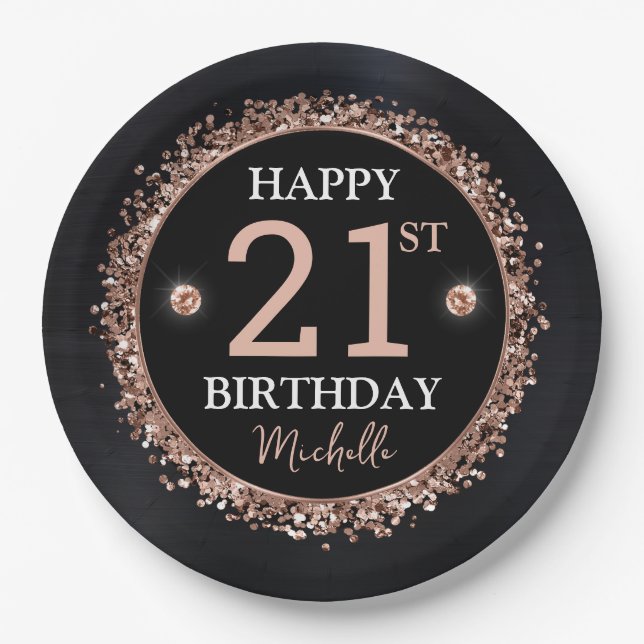 Black and Rose Gold Glitter Confetti Birthday Paper Plate (Front)