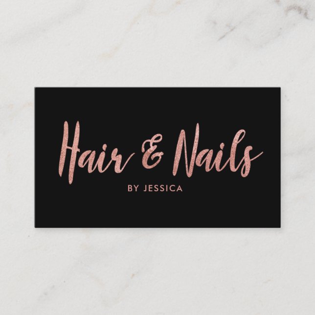 Black and Rose Gold Hair and Nails Beauty Salon Business Card (Front)